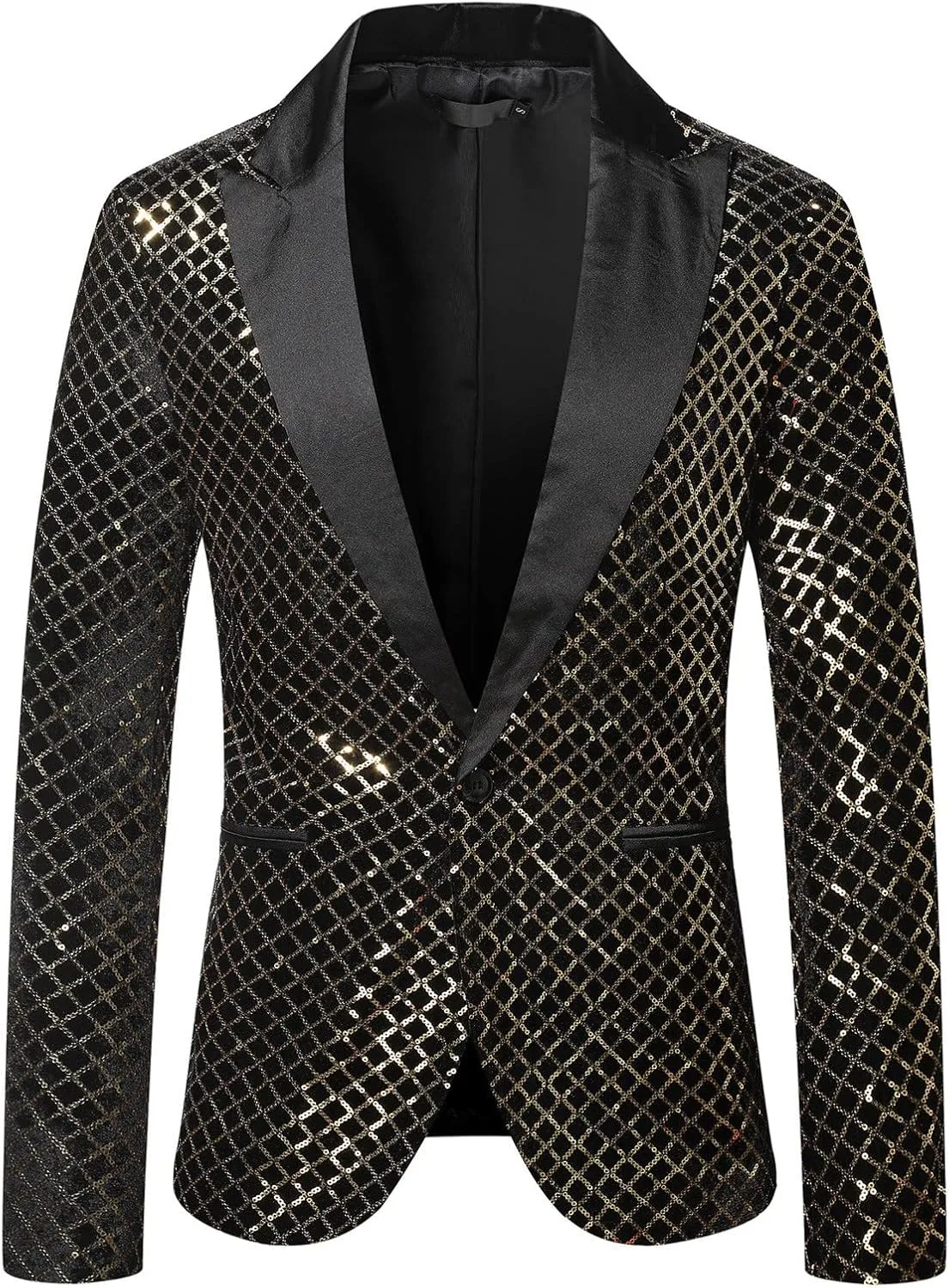 Men's Shiny Suit Jacket Sequin Beaded Blazer Slim Fit Dress Coat One Button Tuxedo for Party Wedding Prom Dinner Gold