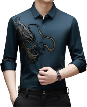 Men's Spring Dragon Style Hot-Stamped Long Sleeve Casual Shirt Seamless Non-Iron Loose Fit Shirt