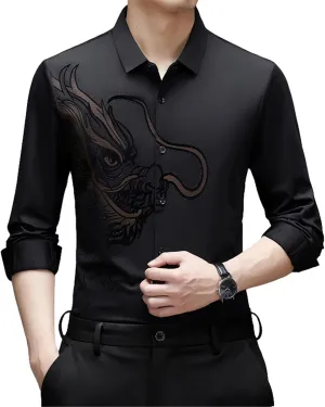 Men's Spring Dragon Style Hot-Stamped Long Sleeve Casual Shirt Seamless Non-Iron Loose Fit Shirt