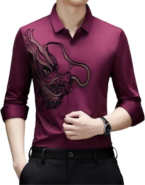 Men's Spring Dragon Style Hot-Stamped Long Sleeve Casual Shirt Seamless Non-Iron Loose Fit Shirt