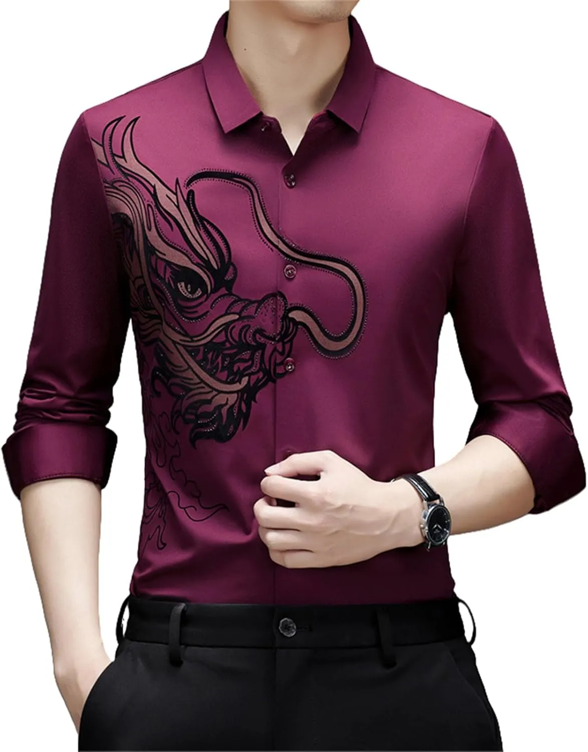 Men's Spring Dragon Style Hot-Stamped Long Sleeve Casual Shirt Seamless Non-Iron Loose Fit Shirt