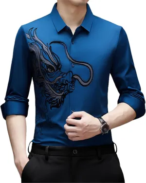 Men's Spring Dragon Style Hot-Stamped Long Sleeve Casual Shirt Seamless Non-Iron Loose Fit Shirt
