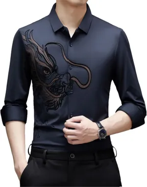 Men's Spring Dragon Style Hot-Stamped Long Sleeve Casual Shirt Seamless Non-Iron Loose Fit Shirt