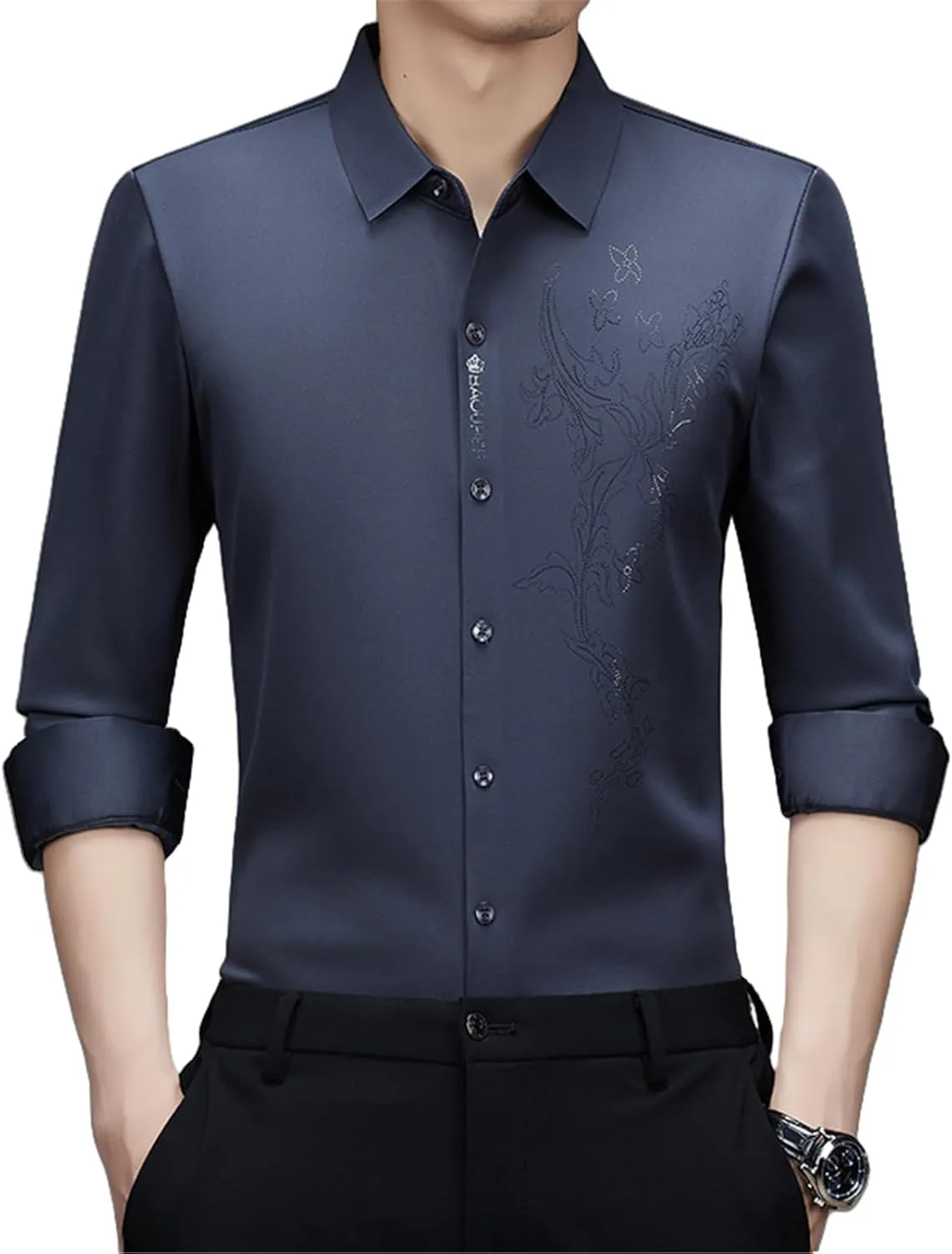Men's Spring Middle-Aged Long Sleeve Business Casual Shirt Seamless Non-Iron High-Elastic Top