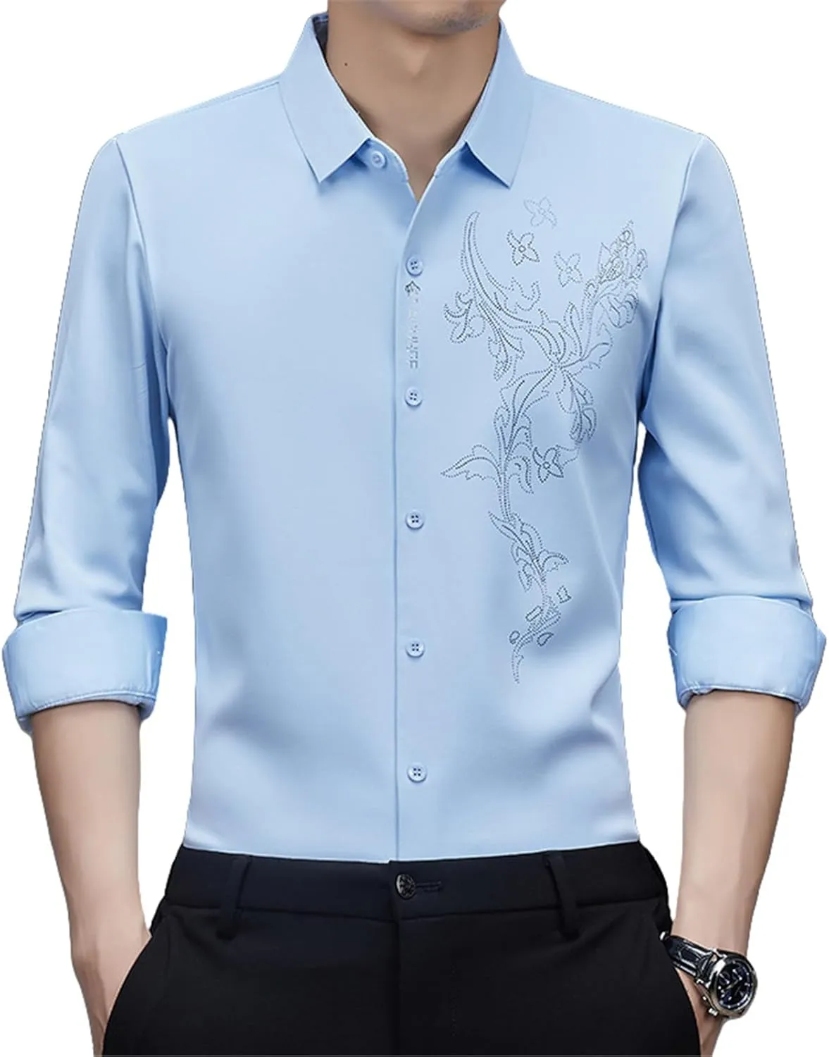 Men's Spring Middle-Aged Long Sleeve Business Casual Shirt Seamless Non-Iron High-Elastic Top