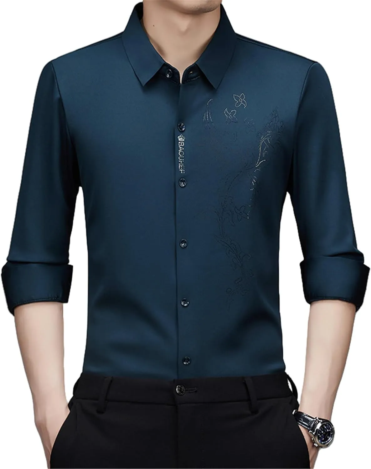 Men's Spring Middle-Aged Long Sleeve Business Casual Shirt Seamless Non-Iron High-Elastic Top