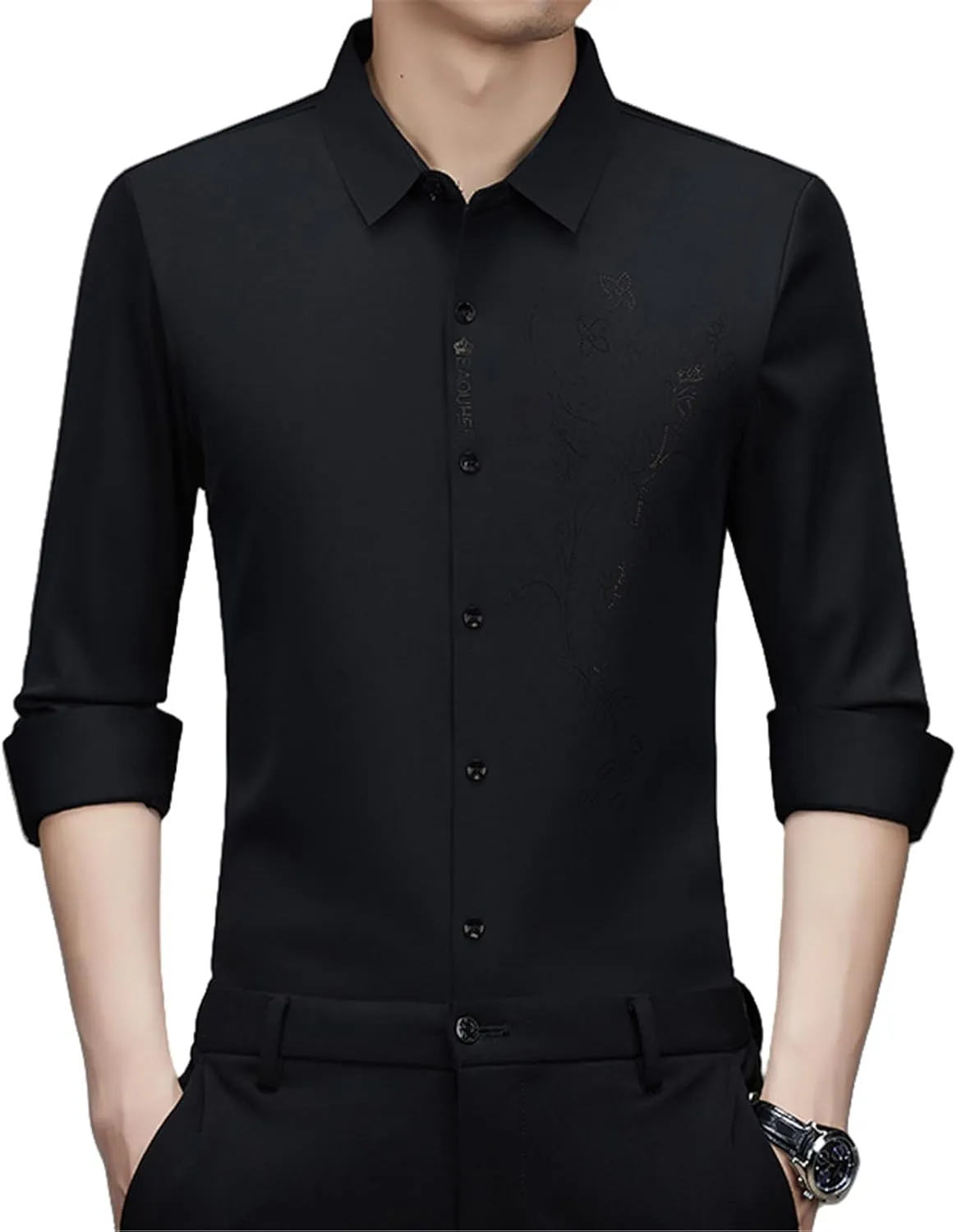 Men's Spring Middle-Aged Long Sleeve Business Casual Shirt Seamless Non-Iron High-Elastic Top