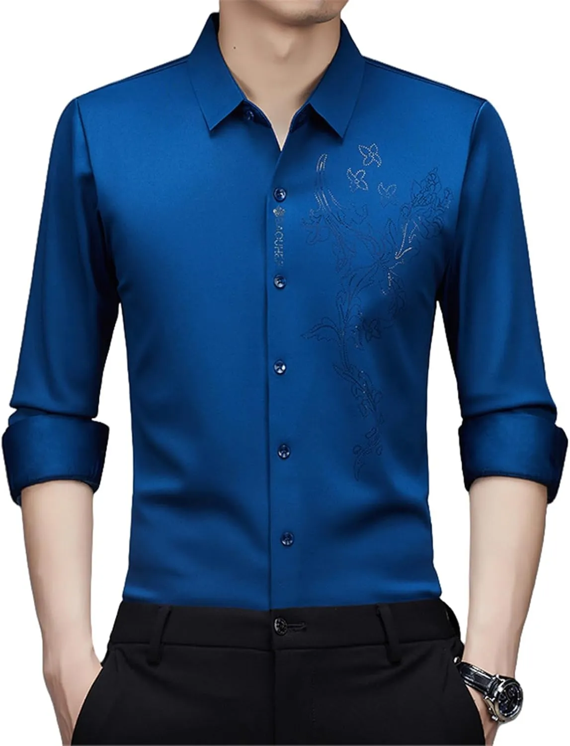 Men's Spring Middle-Aged Long Sleeve Business Casual Shirt Seamless Non-Iron High-Elastic Top