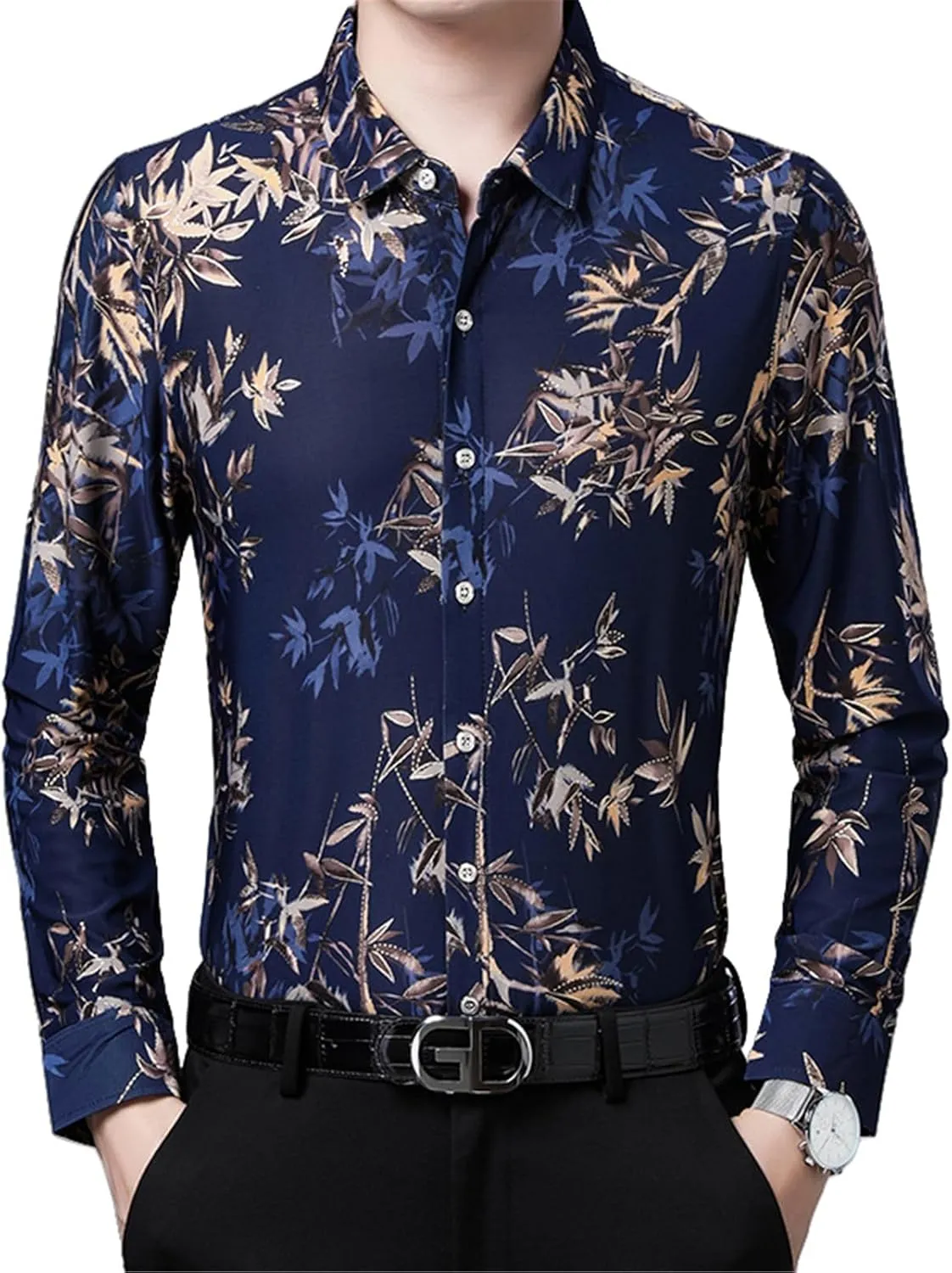 Men's Spring/Autumn Hot Stamped Long Sleeve Elastic Non-Iron Casual Shirt