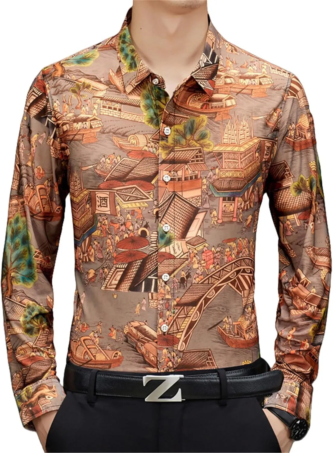 Men's Spring/Autumn Hot Stamped Long Sleeve Elastic Non-Iron Casual Shirt