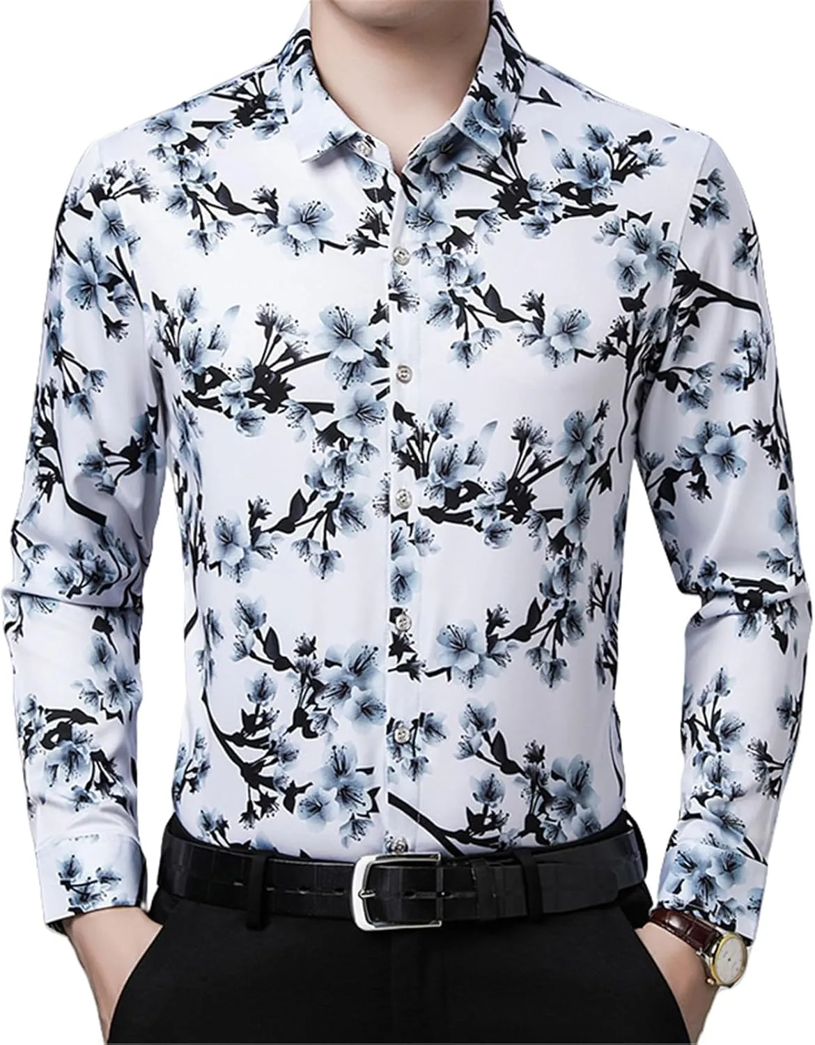 Men's Spring/Autumn Hot Stamped Long Sleeve Elastic Non-Iron Casual Shirt