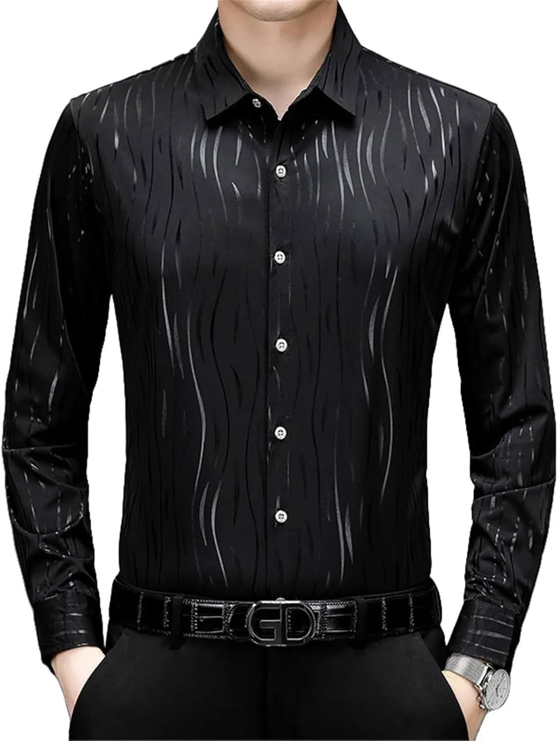 Men's Spring/Autumn Hot Stamped Long Sleeve Elastic Non-Iron Casual Shirt