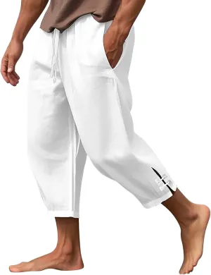 Mens Summer Capri Pants Cotton & Linen Cargo Hiking Casual Loose Cropped Pants Summer Lightweight Quick Drying Trousers 2024