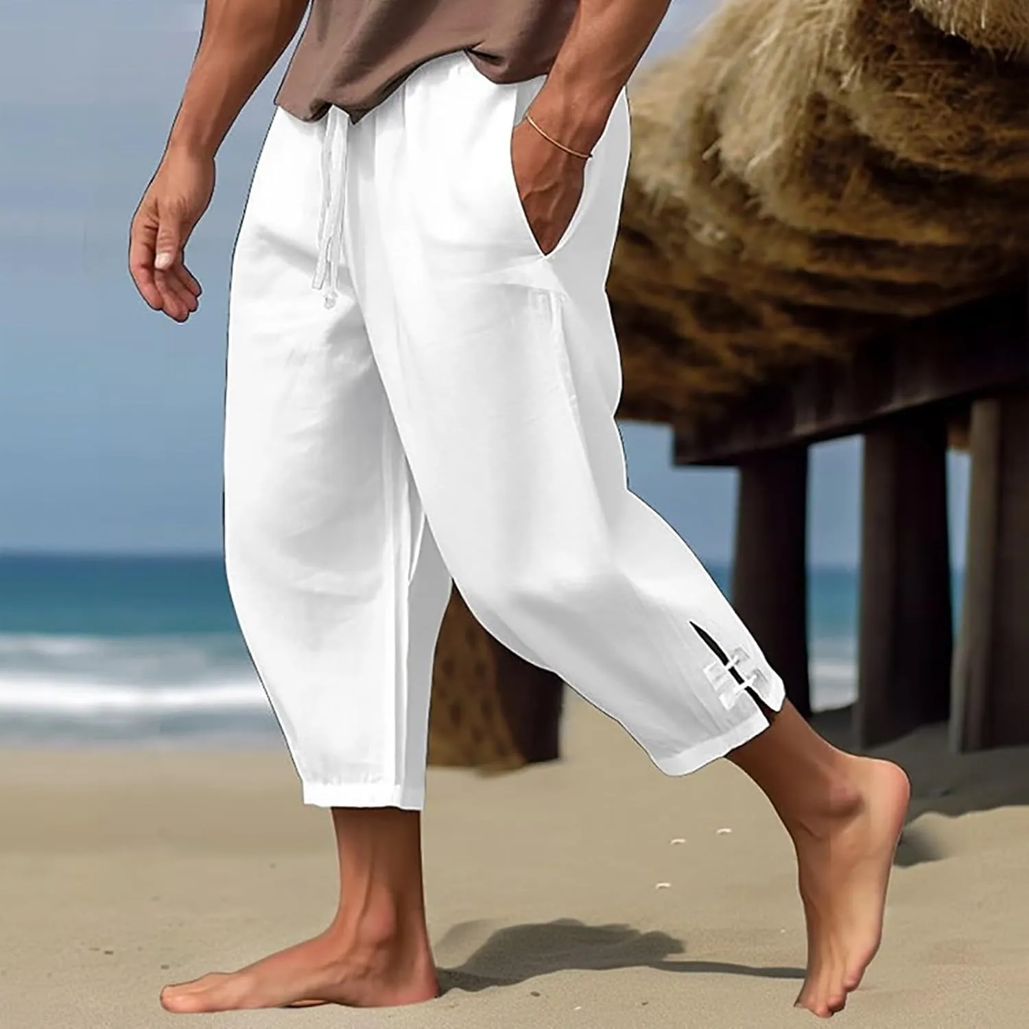Mens Summer Capri Pants Cotton & Linen Cargo Hiking Casual Loose Cropped Pants Summer Lightweight Quick Drying Trousers 2024