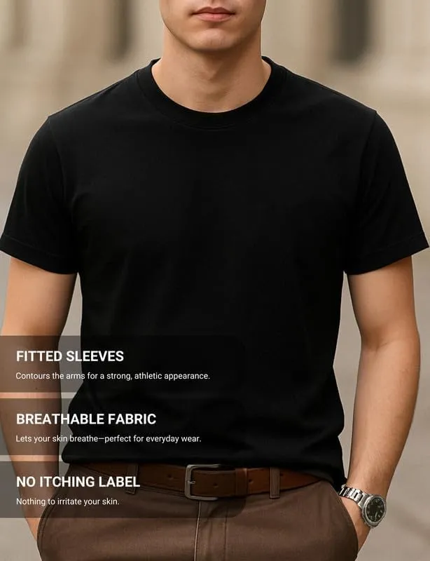 Men's T-Shirts 3 Pack, Short Sleeves Crew Neck Plain Fitted Tees 100% Combed Cotton Multipack Basic T Shirts for Men