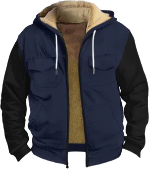 Mens Vintage Fleece Jacket Sherpa Lined Winter Coats Winter Warm Cozy Outerwear Windbreaker Casual Hoodies Hooded
