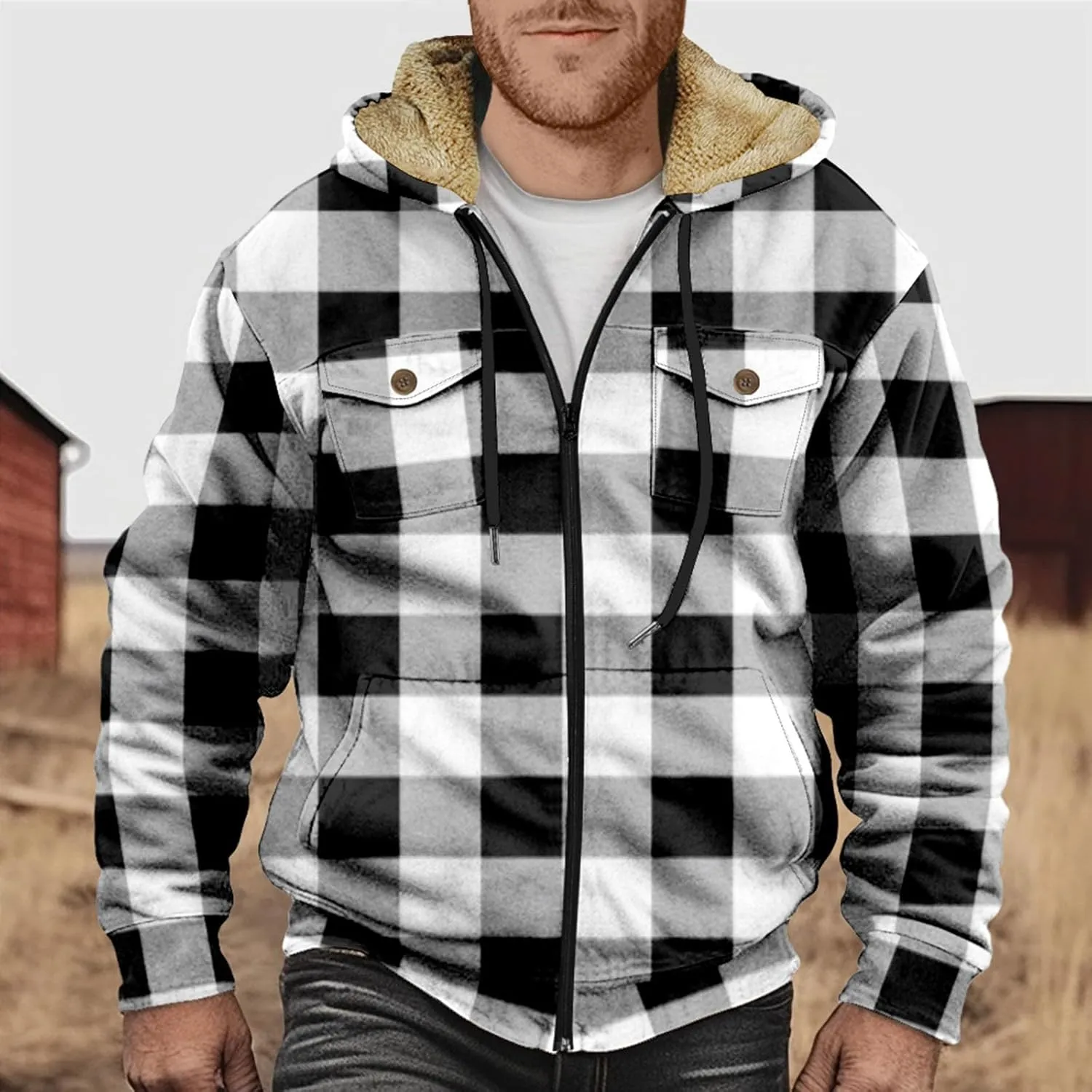 Mens Vintage Fleece Jacket Sherpa Lined Winter Coats Winter Warm Cozy Outerwear Windbreaker Casual Hoodies Hooded