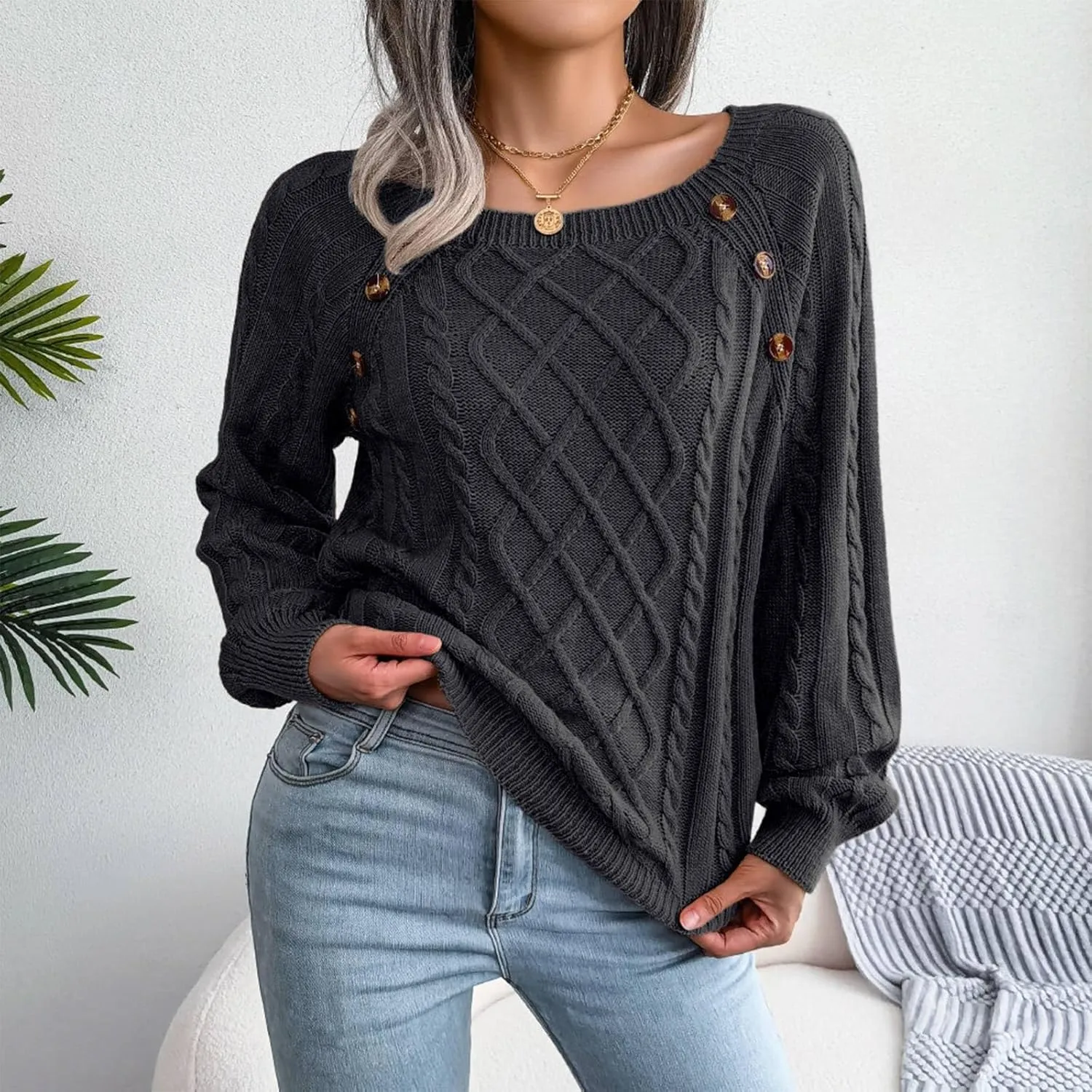 Oversized Sweaters for Women Cable Knit Long Sleeve Crewneck Sweater Tops Trendy 2024 Fall Outfits Casual Button Top