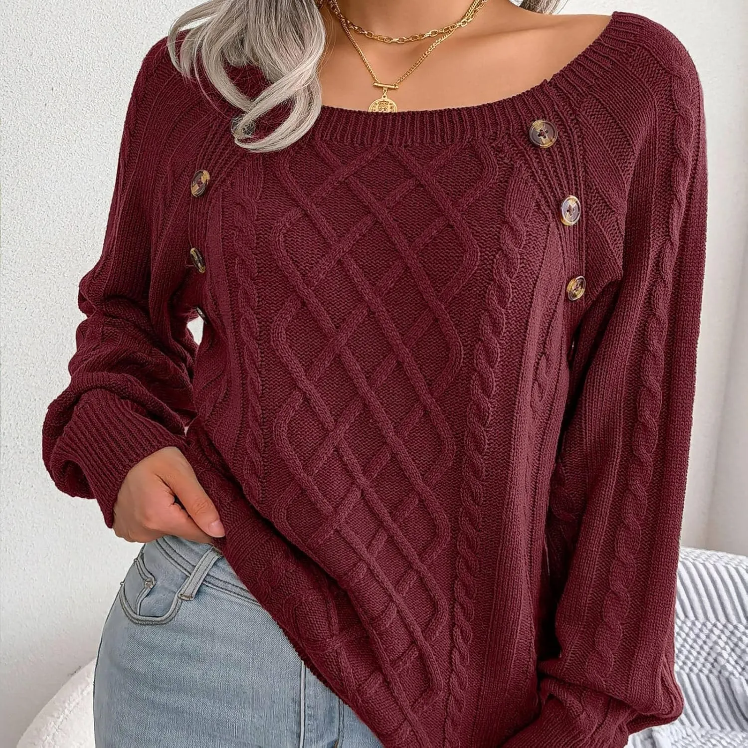 Oversized Sweaters for Women Cable Knit Long Sleeve Crewneck Sweater Tops Trendy 2024 Fall Outfits Casual Button Top