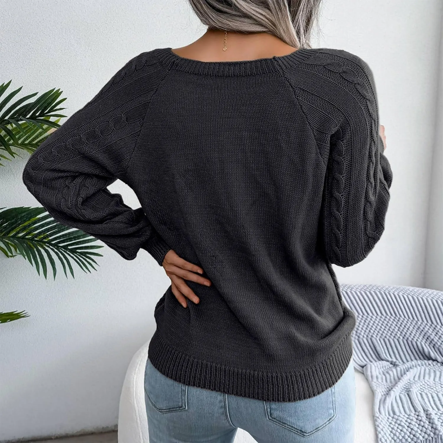 Oversized Sweaters for Women Cable Knit Long Sleeve Crewneck Sweater Tops Trendy 2024 Fall Outfits Casual Button Top