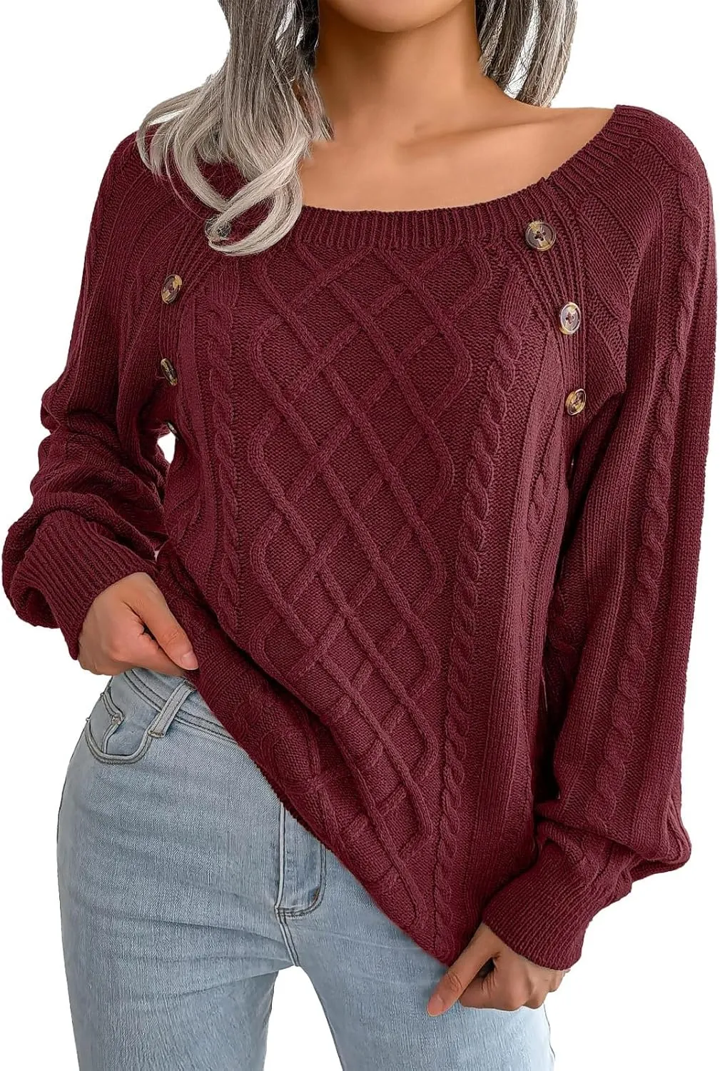 Oversized Sweaters for Women Cable Knit Long Sleeve Crewneck Sweater Tops Trendy 2024 Fall Outfits Casual Button Top