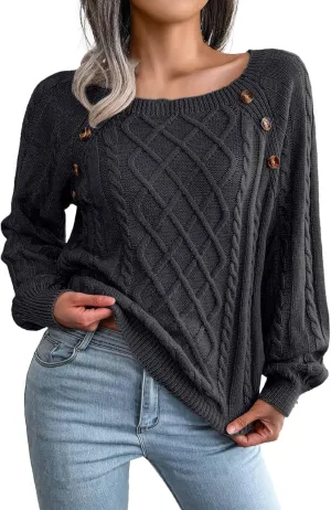 Oversized Sweaters for Women Cable Knit Long Sleeve Crewneck Sweater Tops Trendy 2024 Fall Outfits Casual Button Top