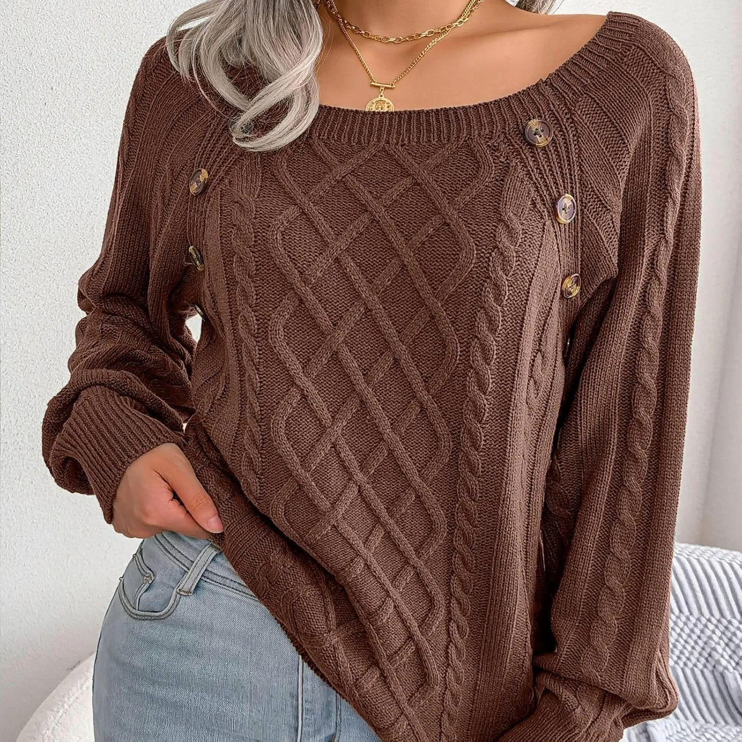Oversized Sweaters for Women Cable Knit Long Sleeve Crewneck Sweater Tops Trendy 2024 Fall Outfits Casual Button Top