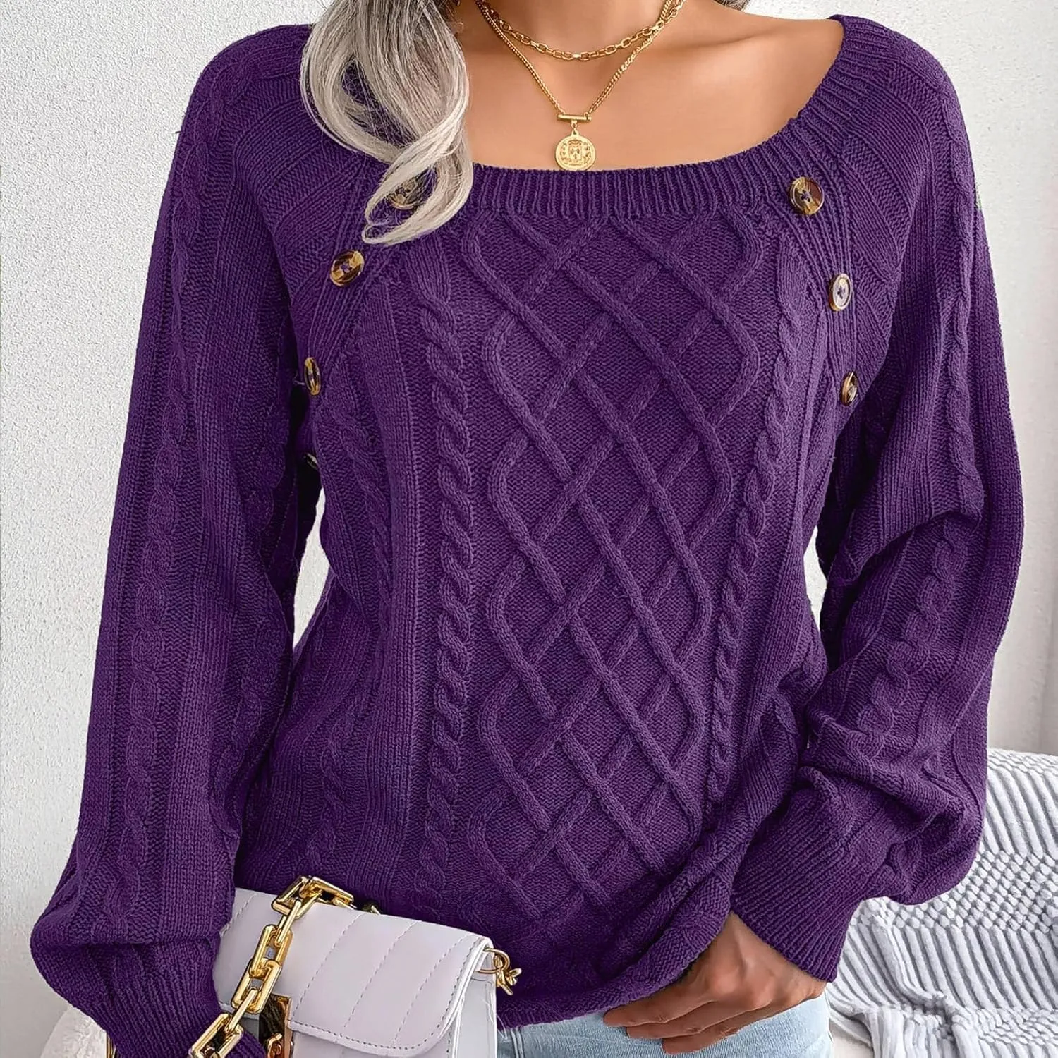 Oversized Sweaters for Women Cable Knit Long Sleeve Crewneck Sweater Tops Trendy 2024 Fall Outfits Casual Button Top