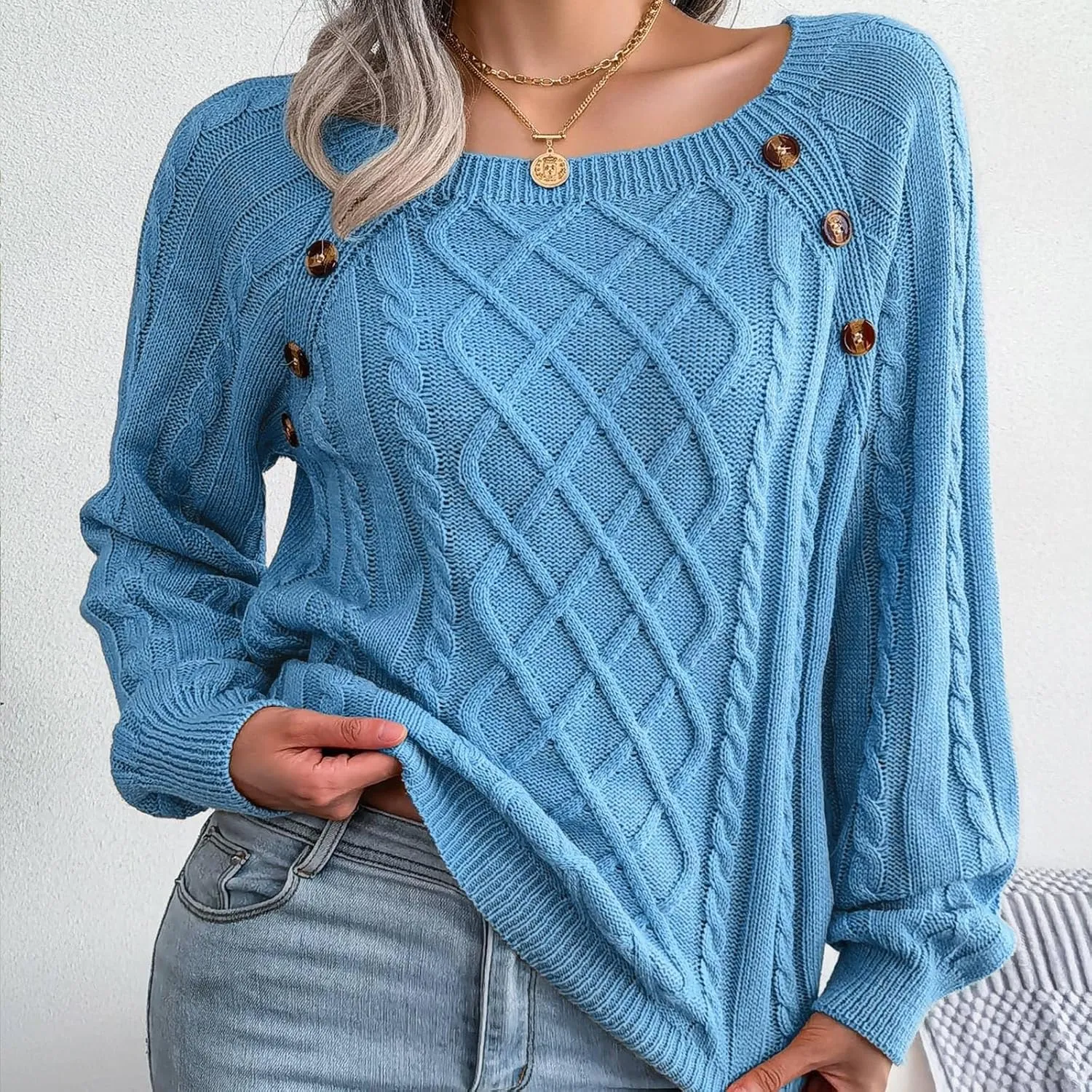 Oversized Sweaters for Women Cable Knit Long Sleeve Crewneck Sweater Tops Trendy 2024 Fall Outfits Casual Button Top