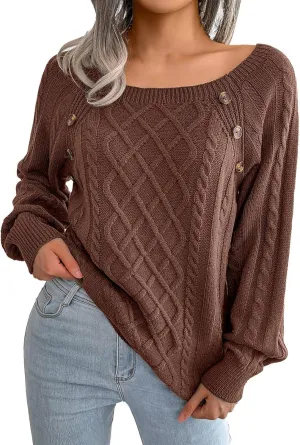 Oversized Sweaters for Women Cable Knit Long Sleeve Crewneck Sweater Tops Trendy 2024 Fall Outfits Casual Button Top