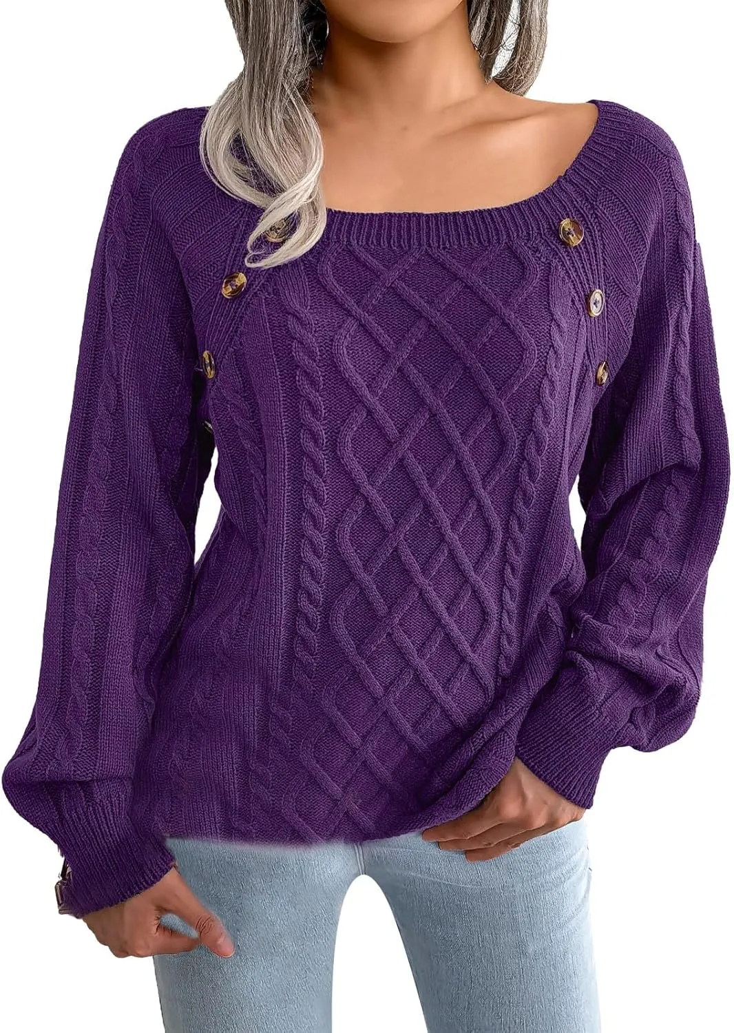 Oversized Sweaters for Women Cable Knit Long Sleeve Crewneck Sweater Tops Trendy 2024 Fall Outfits Casual Button Top