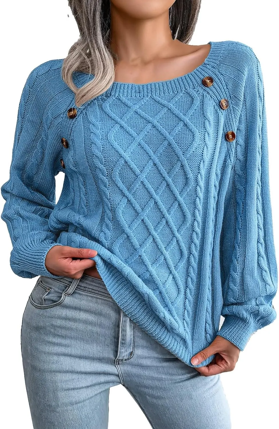 Oversized Sweaters for Women Cable Knit Long Sleeve Crewneck Sweater Tops Trendy 2024 Fall Outfits Casual Button Top