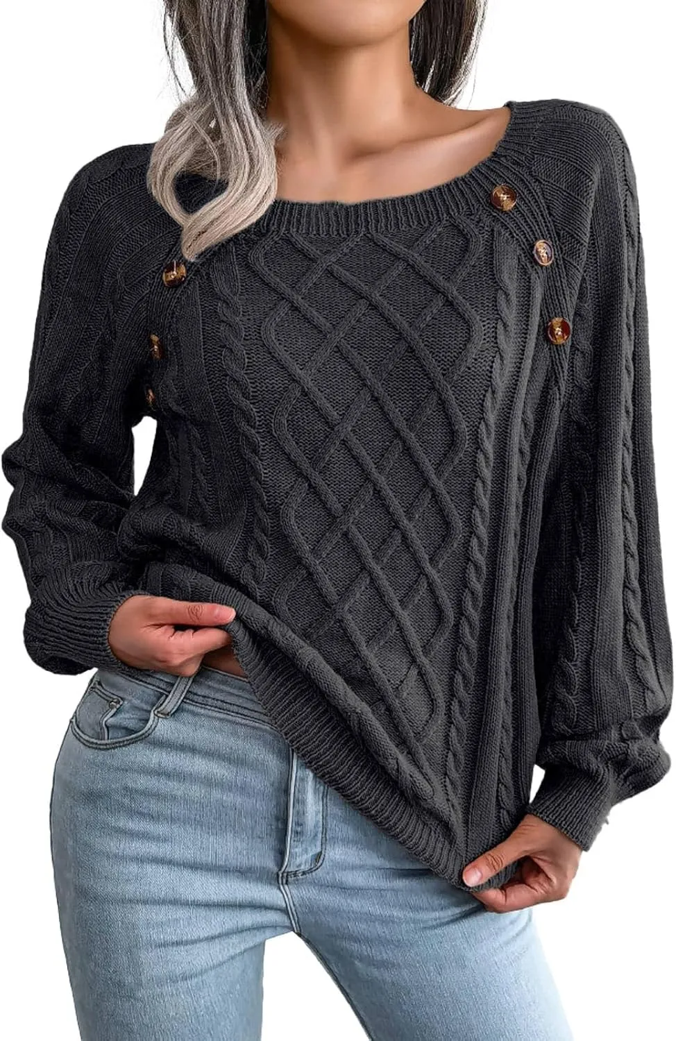 Oversized Sweaters for Women Cable Knit Long Sleeve Crewneck Sweater Tops Trendy 2024 Fall Outfits Casual Button Top