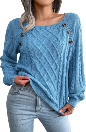 Oversized Sweaters for Women Cable Knit Long Sleeve Crewneck Sweater Tops Trendy 2024 Fall Outfits Casual Button Top
