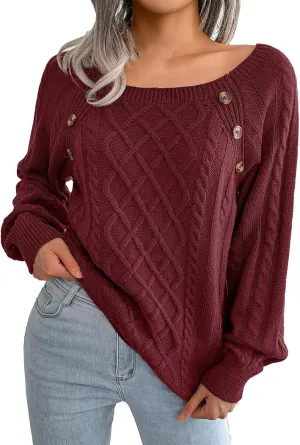 Oversized Sweaters for Women Cable Knit Long Sleeve Crewneck Sweater Tops Trendy 2024 Fall Outfits Casual Button Top