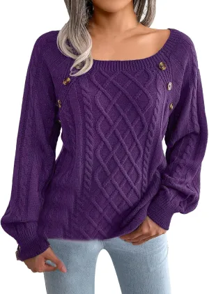 Oversized Sweaters for Women Cable Knit Long Sleeve Crewneck Sweater Tops Trendy 2024 Fall Outfits Casual Button Top