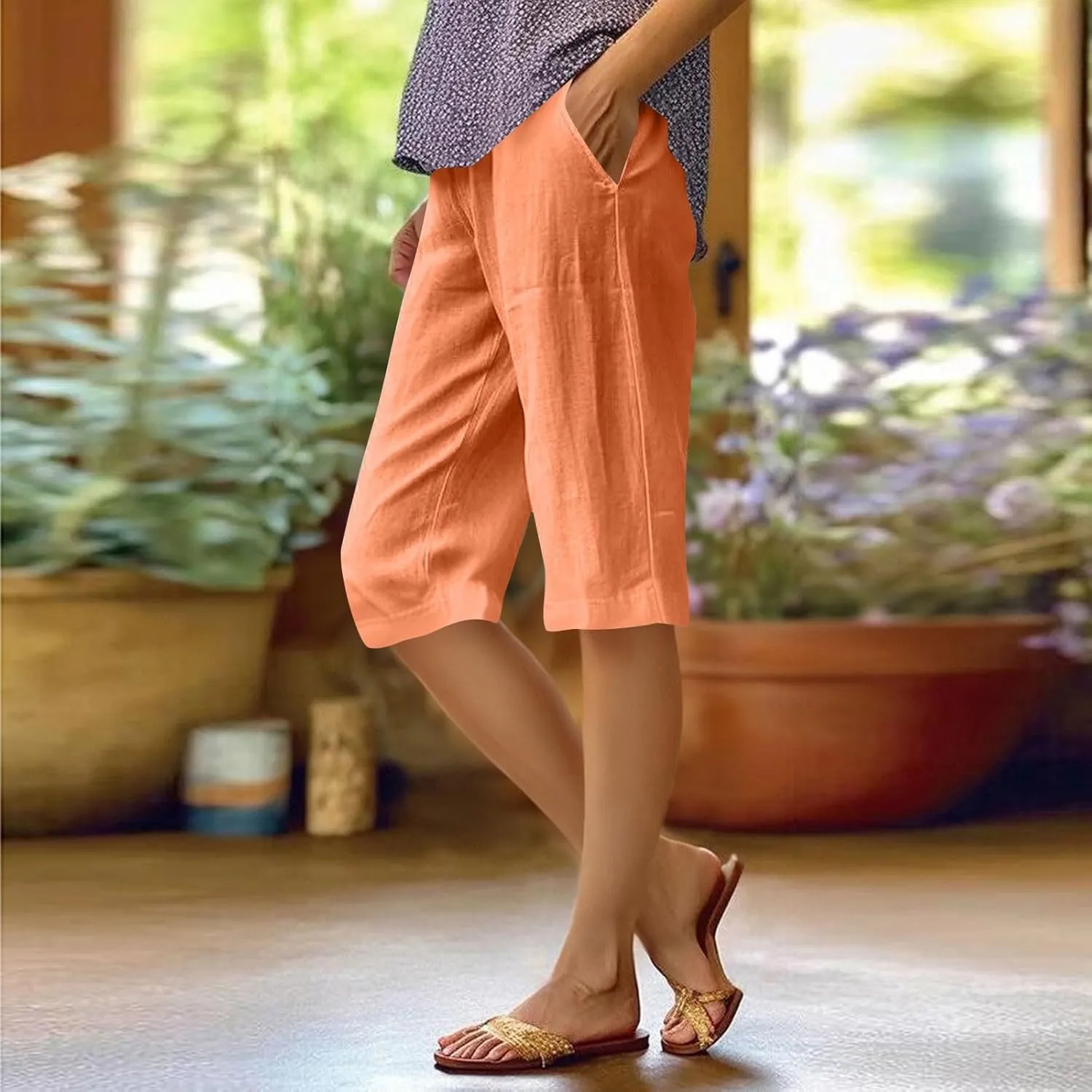Pedal Pushers for Women Pull On Cotton Linen Bermuda Shorts Knee Length Casual Lightweight Capri Pants with Pocket