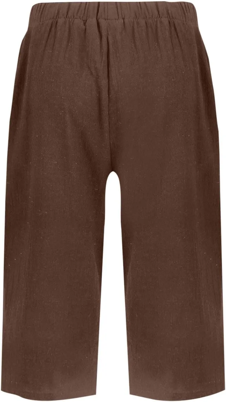 Pedal Pushers for Women Pull On Cotton Linen Bermuda Shorts Knee Length Casual Lightweight Capri Pants with Pocket