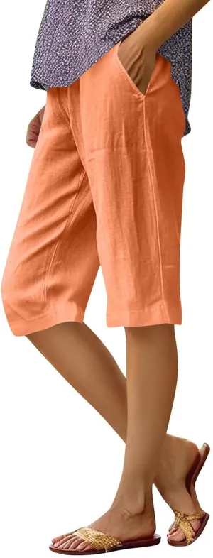 Pedal Pushers for Women Pull On Cotton Linen Bermuda Shorts Knee Length Casual Lightweight Capri Pants with Pocket