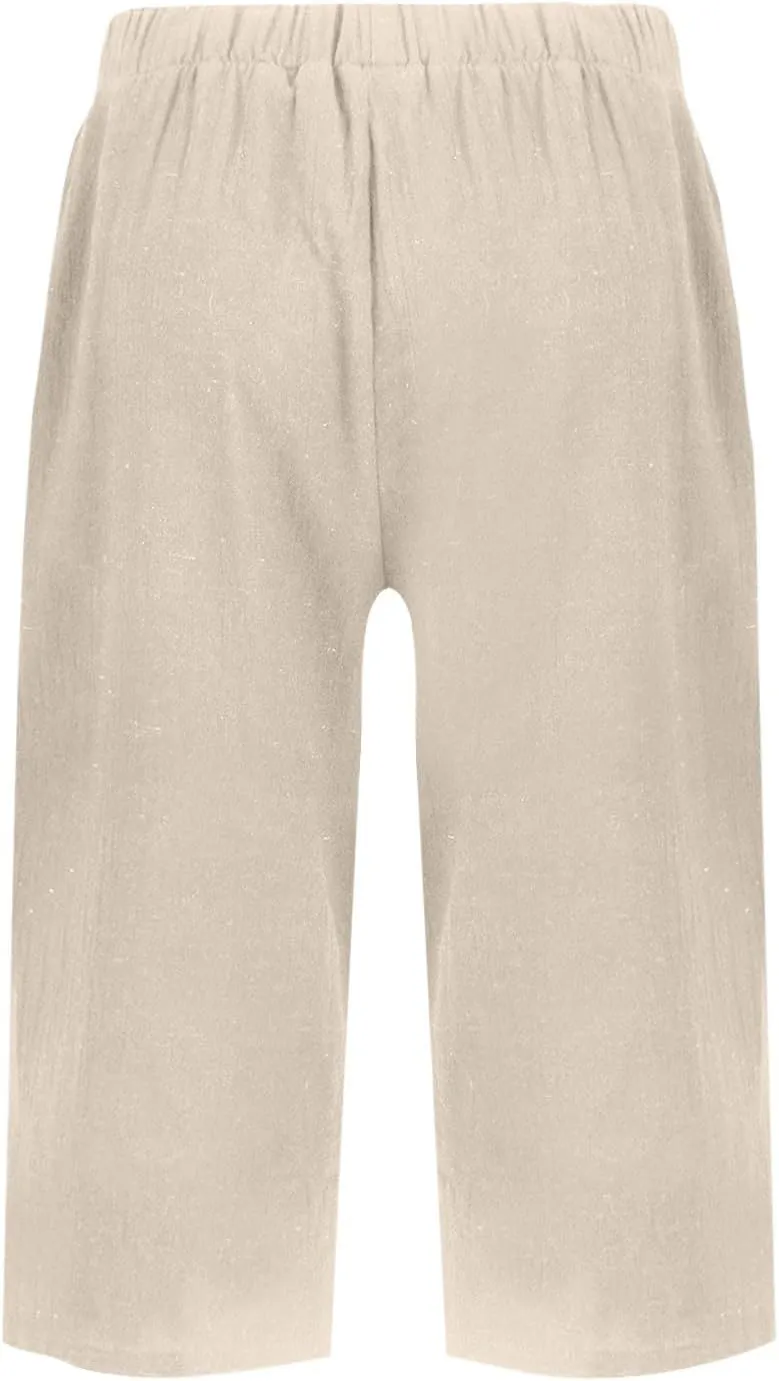 Pedal Pushers for Women Pull On Cotton Linen Bermuda Shorts Knee Length Casual Lightweight Capri Pants with Pocket
