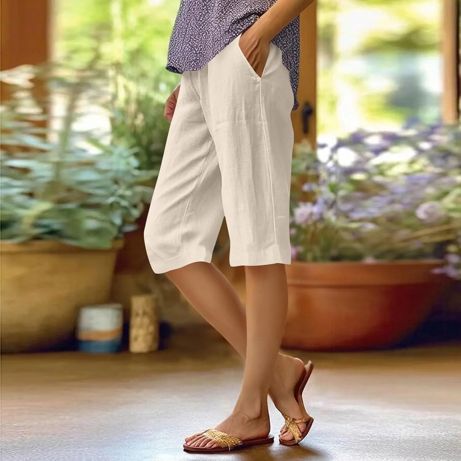 Pedal Pushers for Women Pull On Cotton Linen Bermuda Shorts Knee Length Casual Lightweight Capri Pants with Pocket