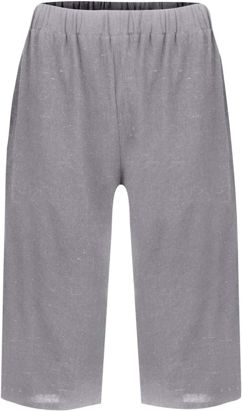 Pedal Pushers for Women Pull On Cotton Linen Bermuda Shorts Knee Length Casual Lightweight Capri Pants with Pocket