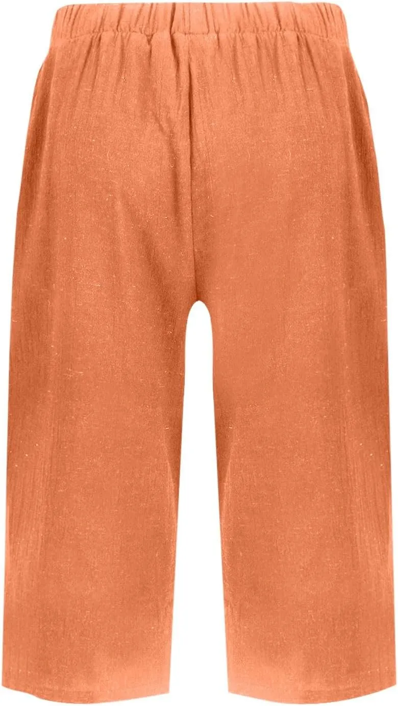 Pedal Pushers for Women Pull On Cotton Linen Bermuda Shorts Knee Length Casual Lightweight Capri Pants with Pocket