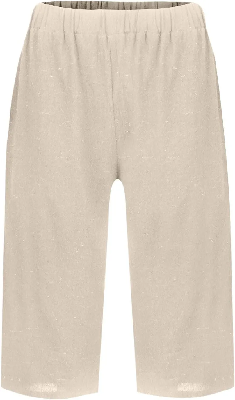 Pedal Pushers for Women Pull On Cotton Linen Bermuda Shorts Knee Length Casual Lightweight Capri Pants with Pocket
