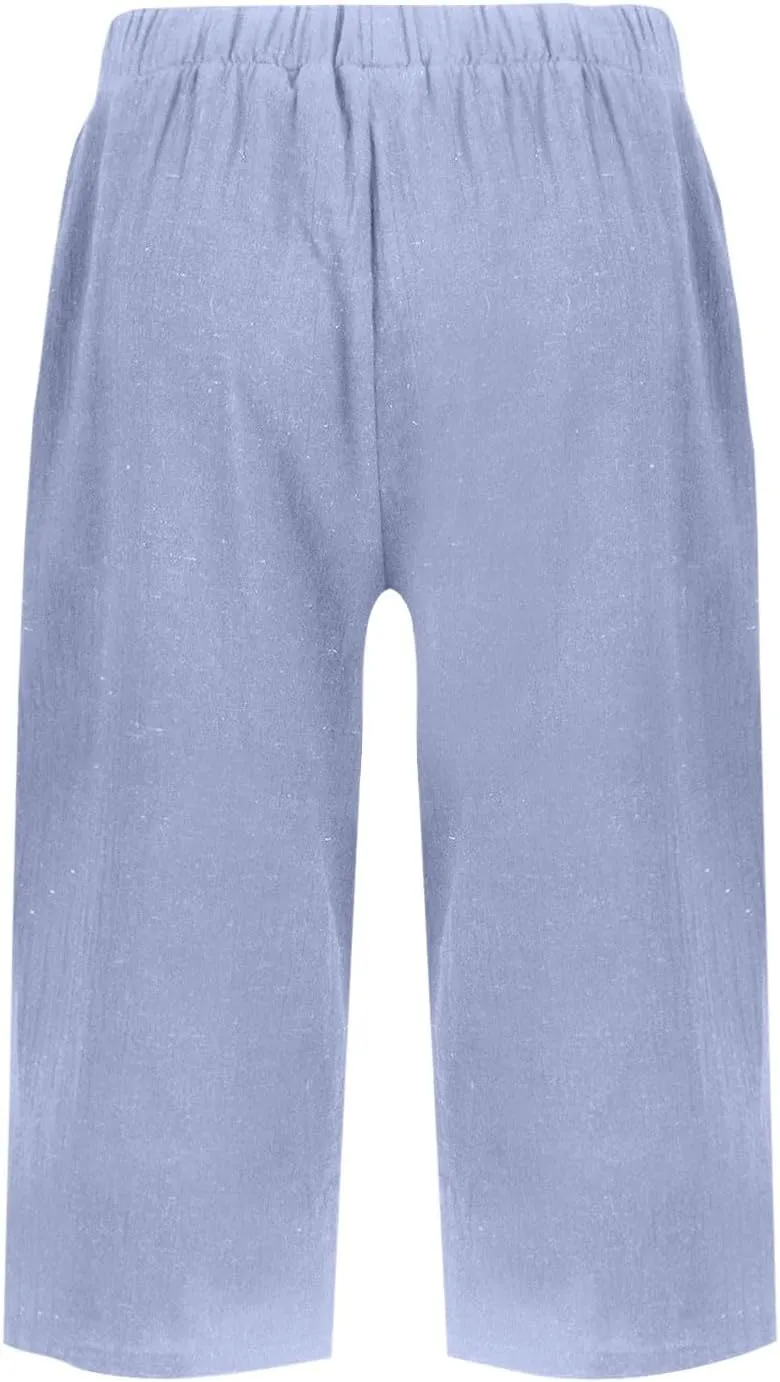 Pedal Pushers for Women Pull On Cotton Linen Bermuda Shorts Knee Length Casual Lightweight Capri Pants with Pocket