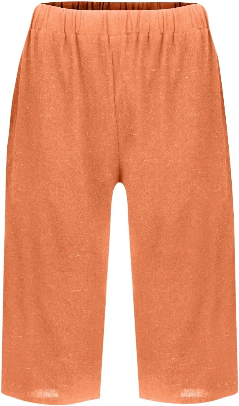 Pedal Pushers for Women Pull On Cotton Linen Bermuda Shorts Knee Length Casual Lightweight Capri Pants with Pocket