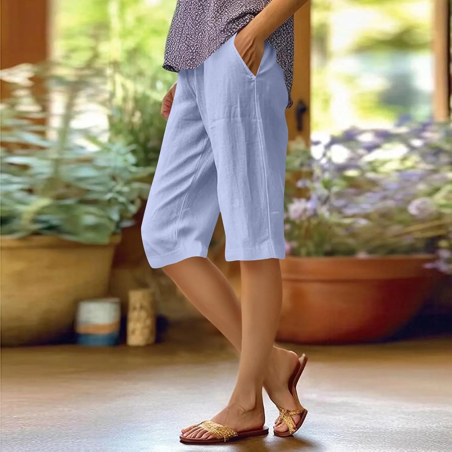 Pedal Pushers for Women Pull On Cotton Linen Bermuda Shorts Knee Length Casual Lightweight Capri Pants with Pocket