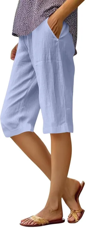 Pedal Pushers for Women Pull On Cotton Linen Bermuda Shorts Knee Length Casual Lightweight Capri Pants with Pocket