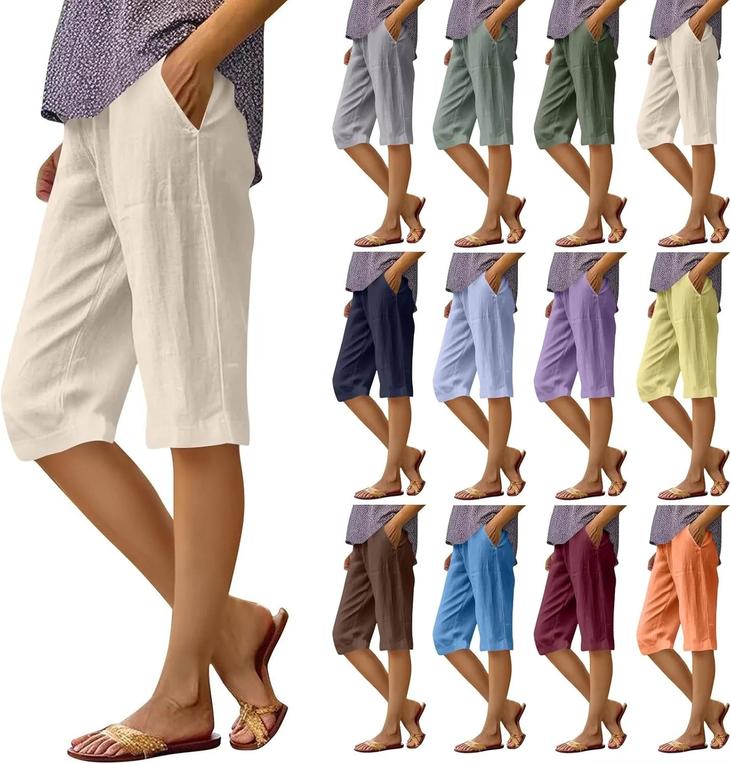 Pedal Pushers for Women Pull On Cotton Linen Bermuda Shorts Knee Length Casual Lightweight Capri Pants with Pocket