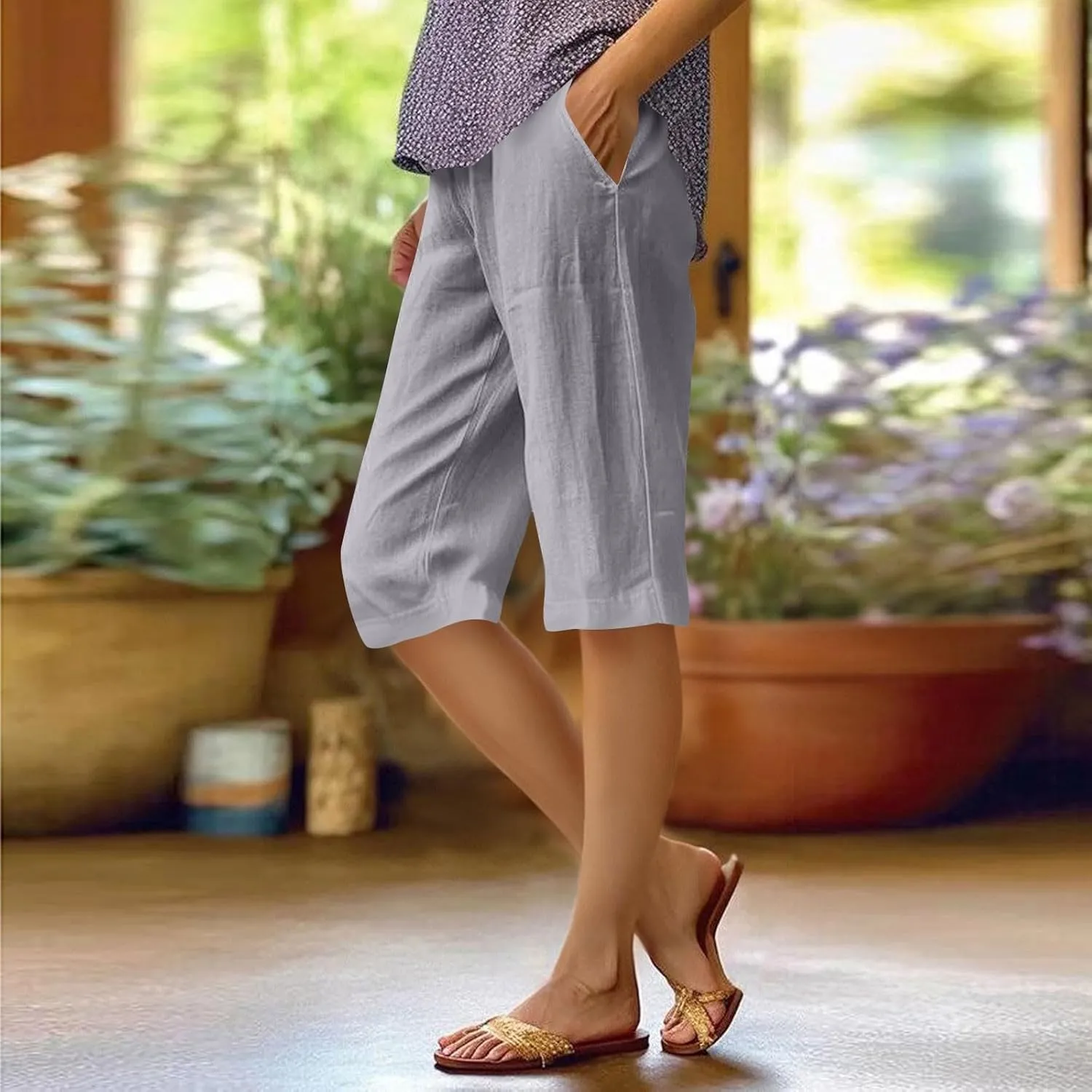 Pedal Pushers for Women Pull On Cotton Linen Bermuda Shorts Knee Length Casual Lightweight Capri Pants with Pocket